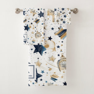 Personalized Elegant Blue & Gold Stars Pattern (6) Bath Towel Set