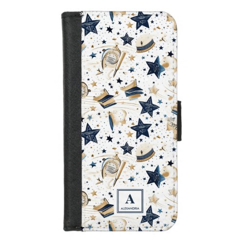 Personalized Elegant Blue  Gold Stars Pattern 6 iPhone 87 Wallet Case