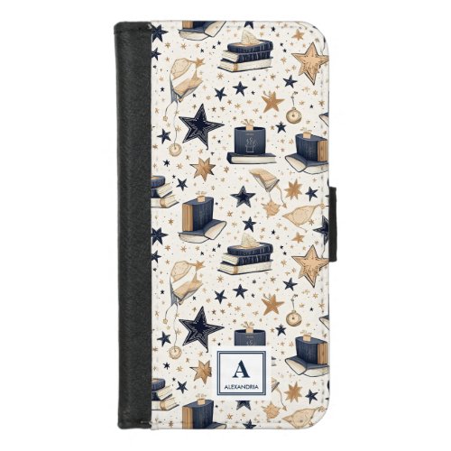 Personalized Elegant Blue  Gold Stars Pattern 7 iPhone 87 Wallet Case
