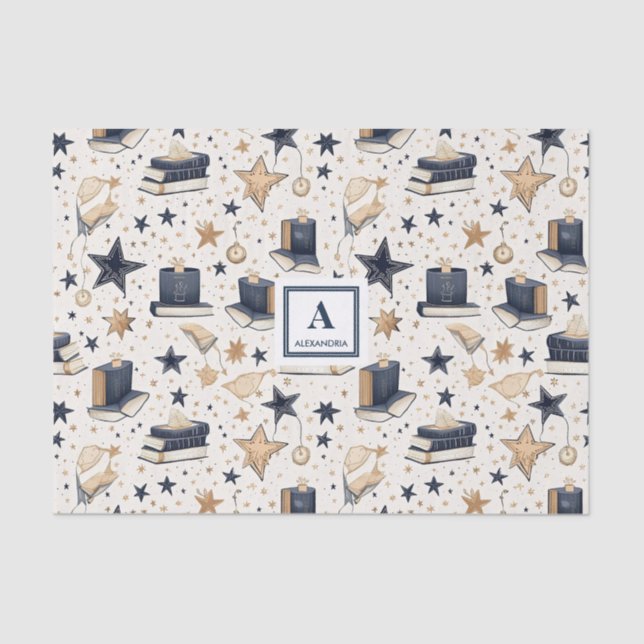Personalized Elegant Blue & Gold Stars Pattern (7) Tissue Paper (Front)