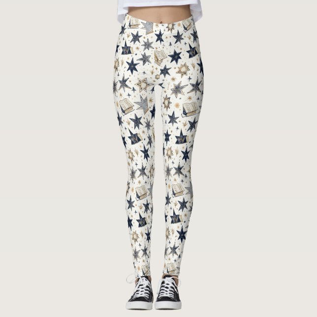 Personalized Elegant Blue & Gold Stars Pattern (8) Leggings (Front)