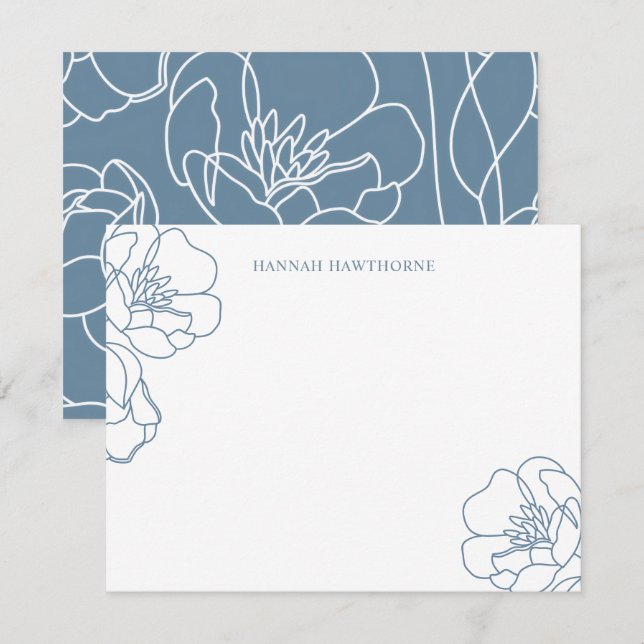 Personalized Elegant Blue Modern Line Art Floral Note Card (Front/Back)