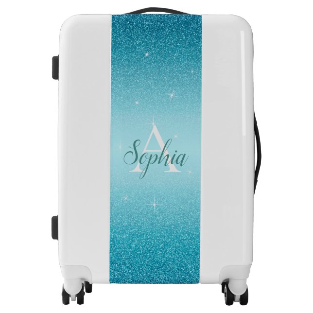 Personalized Elegant Blue Sparkle Glitter Monogram Luggage (Front)