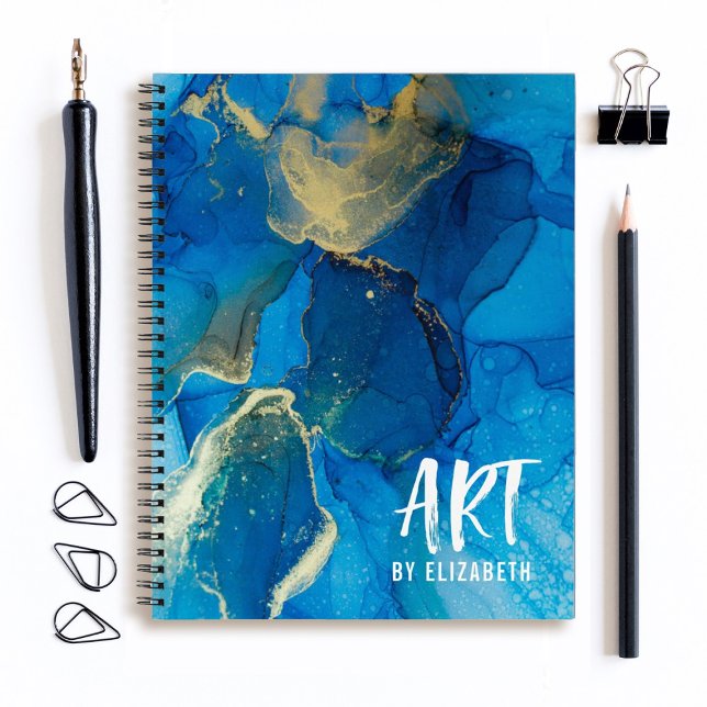 Personalized Elegant Blue Watercolor Sketchbook Notebook (An elegant blue and gold marble sketchbook. Personalize it with your name.
)