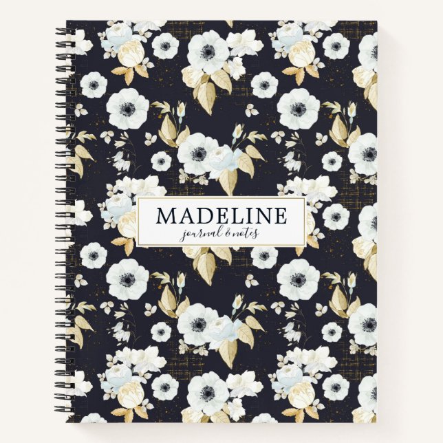 Personalized Elegant Blue & White Floral Pattern Notebook (Front)