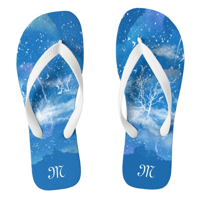 Personalized Elegant Blue & White Monogram Unisex Flip Flops (Footbed)