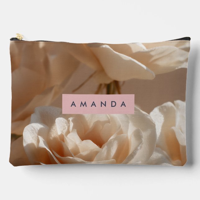 Personalized Elegant Blush Cream Roses Floral  Accessory Pouch (Front)