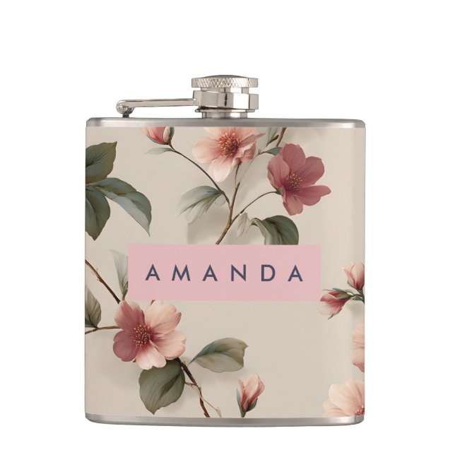 Personalized Elegant Blush Floral Vine Style Flask (Front)
