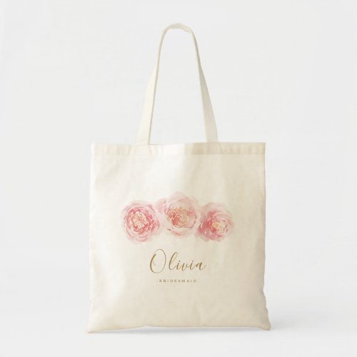 Personalized elegant blush pink floral bridesmaid tote bag