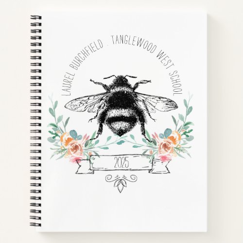 Personalized Elegant Blush Pink Green Floral Bee  Notebook