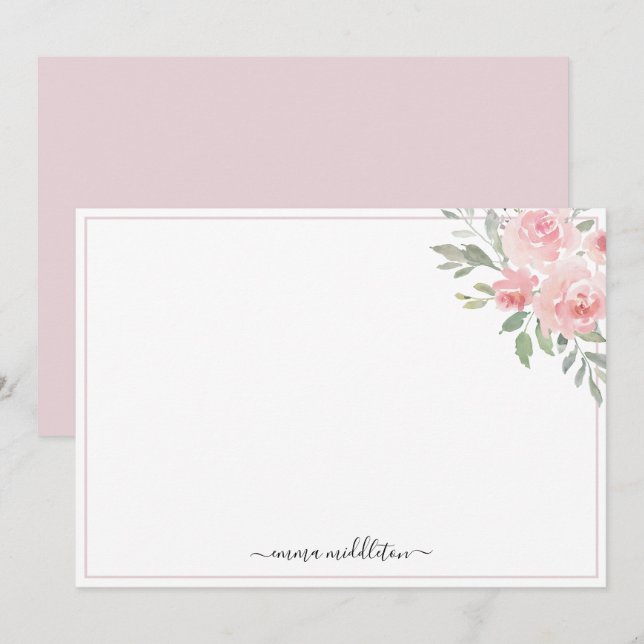 Personalized Elegant Blush Pink Roses and Greenery Note Card (Front/Back)
