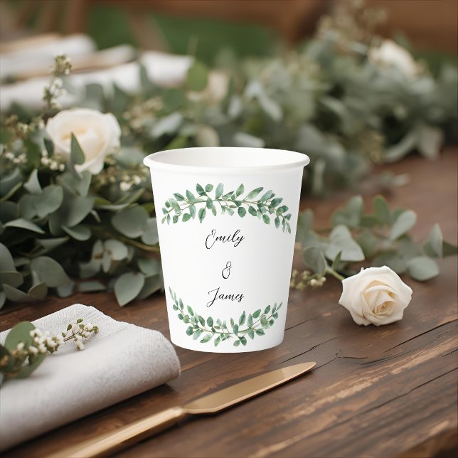 Personalized Elegant Botanical Greenery Wedding Paper Cups (Creator Uploaded)