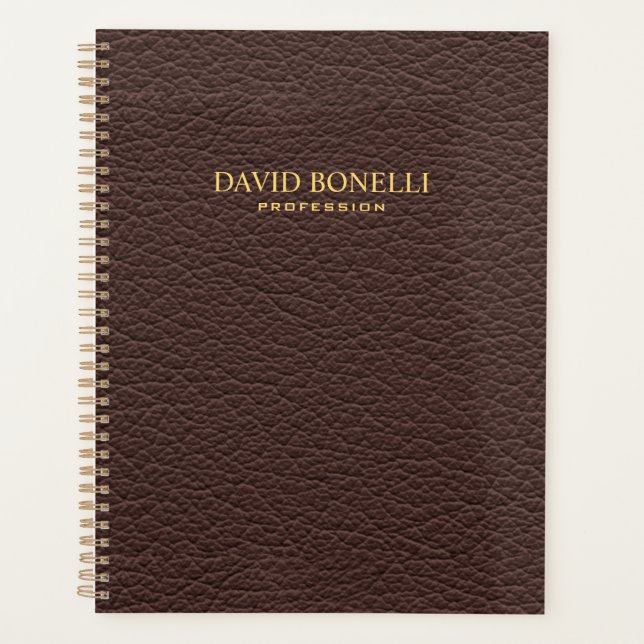 Personalized Elegant Brown Leather Masculine Planner (Front)