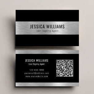 Personalized Elegant Brushed Silver Black QR Code Business Card