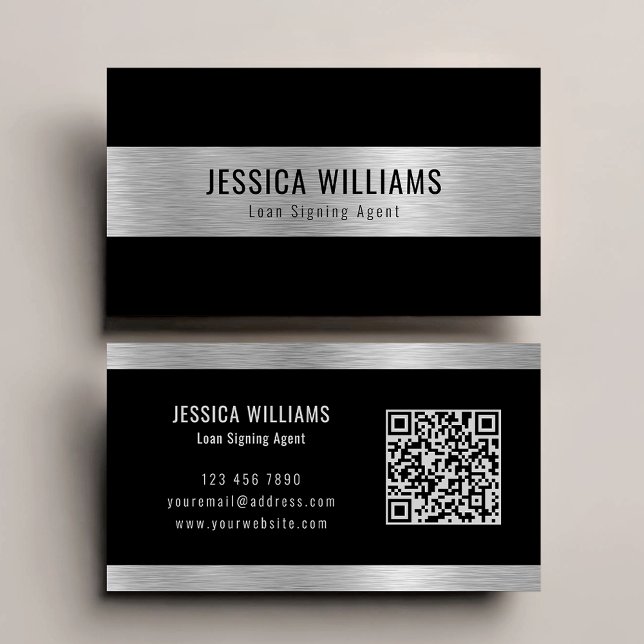 Personalized Elegant Brushed Silver Black QR Code Business Card (Creator Uploaded)