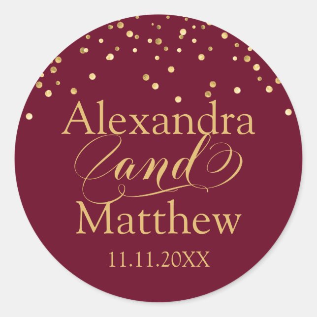 Personalized Elegant Burgundy Gold Wedding Classic Classic Round Sticker (Front)