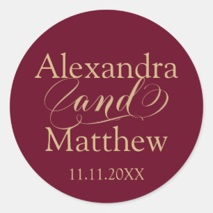 Personalized Elegant Burgundy Gold Wedding Classic Round Sticker