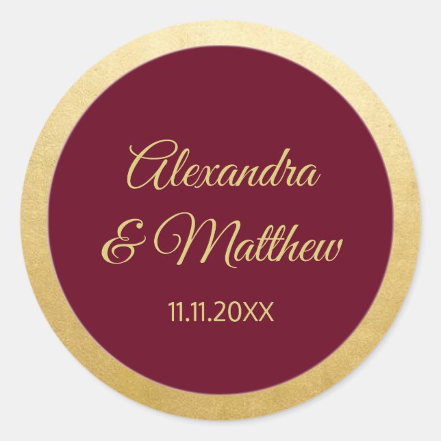 Personalized Elegant Burgundy Gold Wedding Classic Round Sticker (Front)