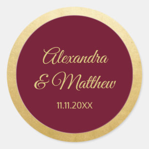 Personalized Elegant Burgundy Gold Wedding Classic Round Sticker