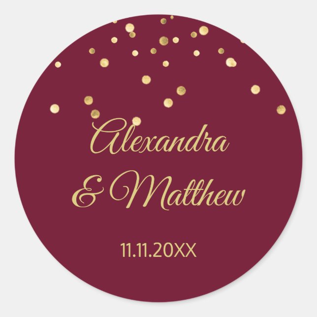 Personalized Elegant Burgundy Gold Wedding Classic Round Sticker (Front)