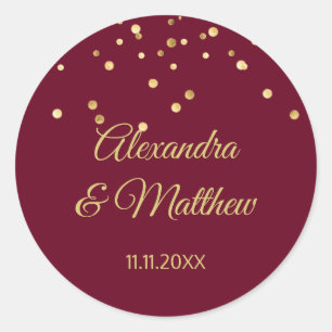 Personalized Elegant Burgundy Gold Wedding Classic Round Sticker