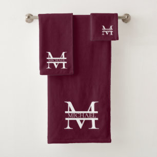 Personalized Elegant Burgundy Monogram and Name Bath Towel Set