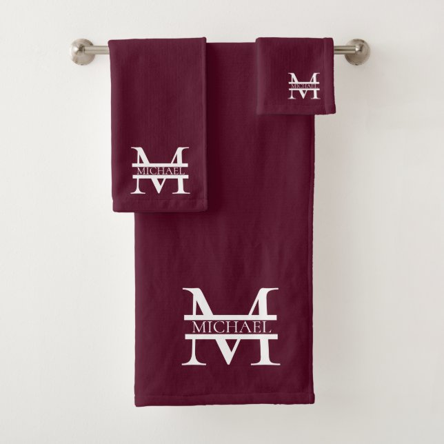 Personalized Elegant Burgundy Monogram and Name Bath Towel Set (Insitu)