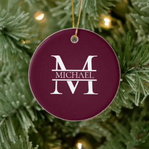 Personalized Elegant Burgundy Monogram and Name Ceramic Ornament