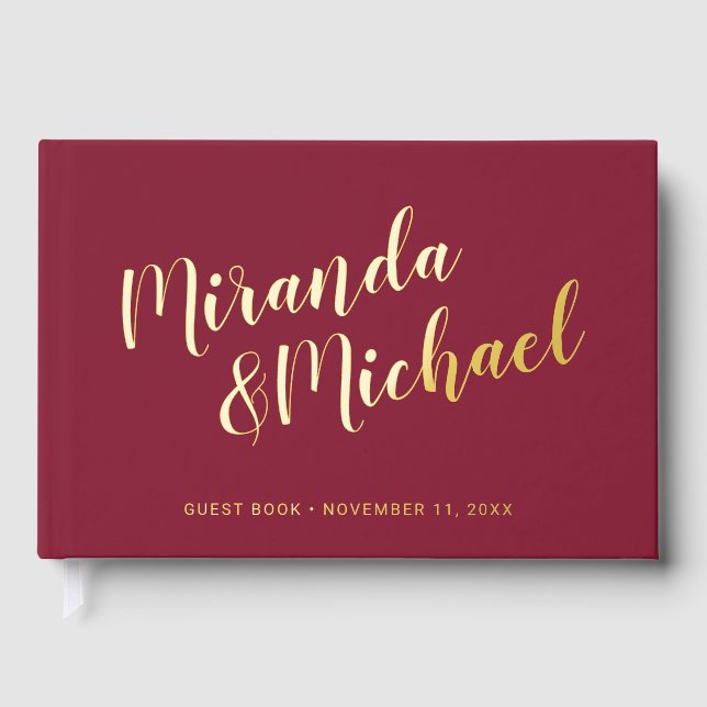 Personalized Elegant Burgundy Red and Gold Wedding Foil Guest Book (Front)