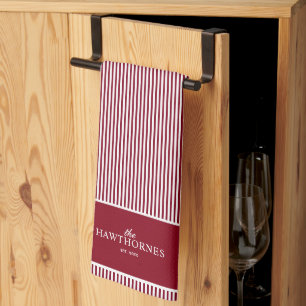 Personalized Elegant Burgundy Red Stripe Kitchen Towel