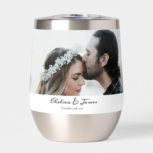 Personalized Elegant Calligraphy Photo Wedding  Thermal Wine Tumbler (Front)