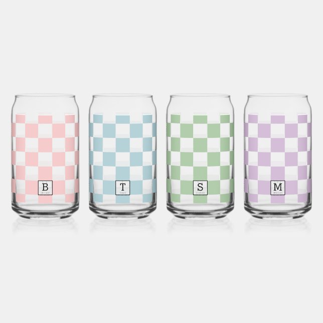 Personalized Elegant Check Patten Four Colors Can Glass (Front)