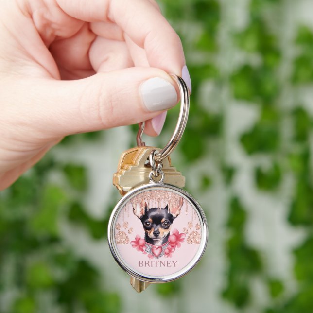 Personalized Elegant chihuahua Dog with Glitter  Keychain (Hand)