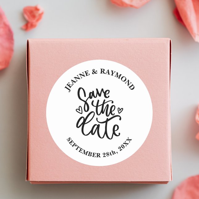 Personalized Elegant Clean Wedding Save the date Classic Round Sticker (Elegant clean save the date sticker adds timeless personalized charm to wedding mailings.)