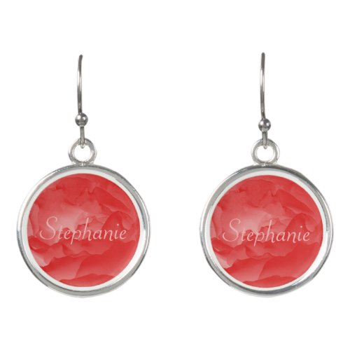 Personalized Elegant Coral Pink Rose with Her Name Earrings