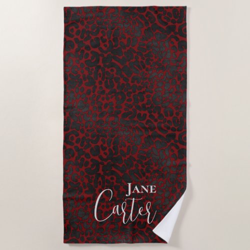Personalized Elegant Dark Red Black Leopard Beach Towel
