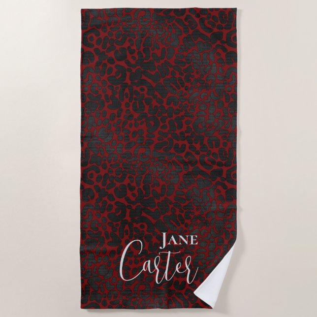 Personalized Elegant Dark Red Black Leopard Beach Towel (Front)