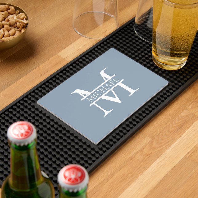 Personalized Elegant Dusty Blue Monogram and Name Bar Mat (Insitu (Bar 2))
