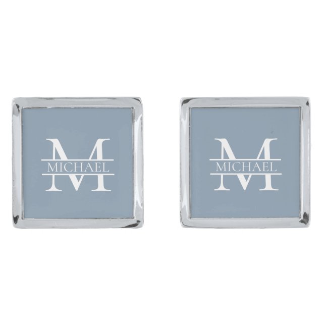 Personalized Elegant Dusty Blue Monogram and Name Cufflinks (Front)