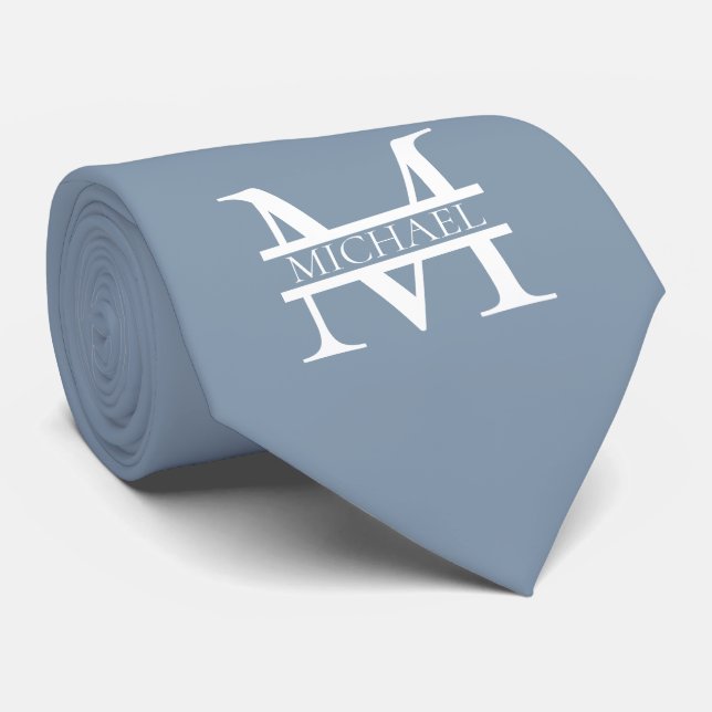 Personalized Elegant Dusty Blue Monogram and Name Neck Tie (Rolled)