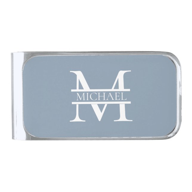 Personalized Elegant Dusty Blue Monogram and Name Silver Finish Money Clip (Front)
