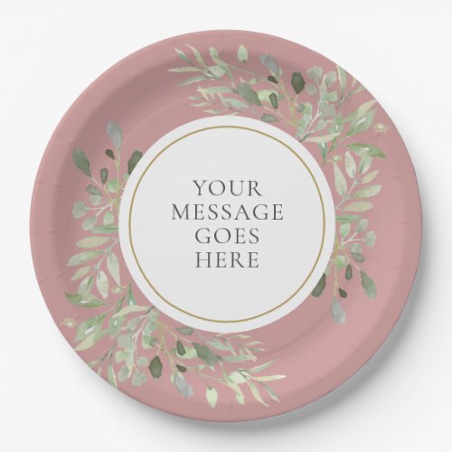 Personalized Elegant Dusty Rose Gold Greenery Paper Plates