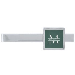 Personalized Elegant Emerald Green Monogram & Name Silver Finish Tie Bar
