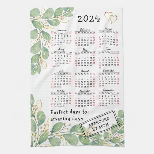 Personalized Elegant Eucalyptus 2024 Calendar Kitchen Towel