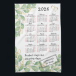 Personalized Elegant Eucalyptus 2026 Calendar Kitchen Towel<br><div class="desc">This elegant white kitchen towel with botanical eucalyptus design and hearts features a 2026 calendar and template text to personalize it with ease. Sundays and Saturdays are in red colors, months are in script font. 2026 has 365 perfect days for amazing days, and it can be approved by anyone from...</div>