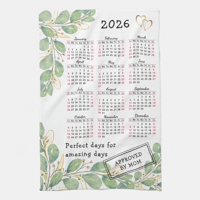 Personalized Elegant Eucalyptus 2026 Calendar Kitchen Towel (Vertical)