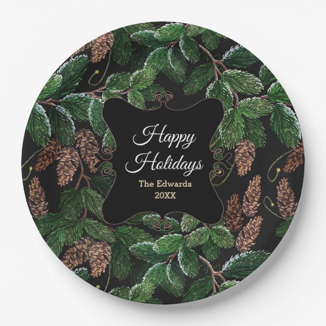 Personalized Elegant Evergreen Christmas Paper Plates (Front)