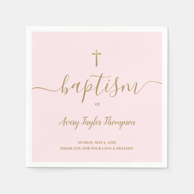 Personalized Elegant faux Gold Cross pink baptism Napkins (Front)