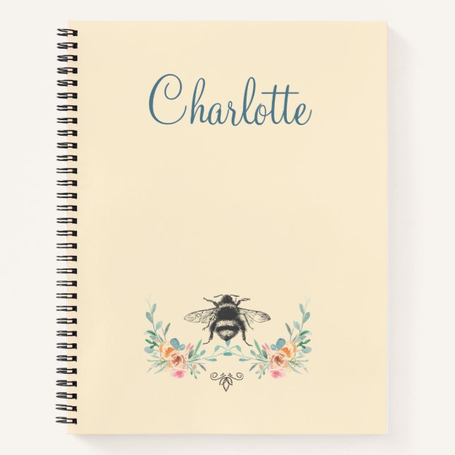 Personalized Elegant Floral Bee Spiral Notebook (Front)