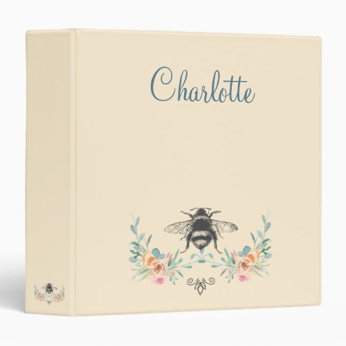 Personalized Elegant Floral Bee Spiral Notebook 3 Ring Binder